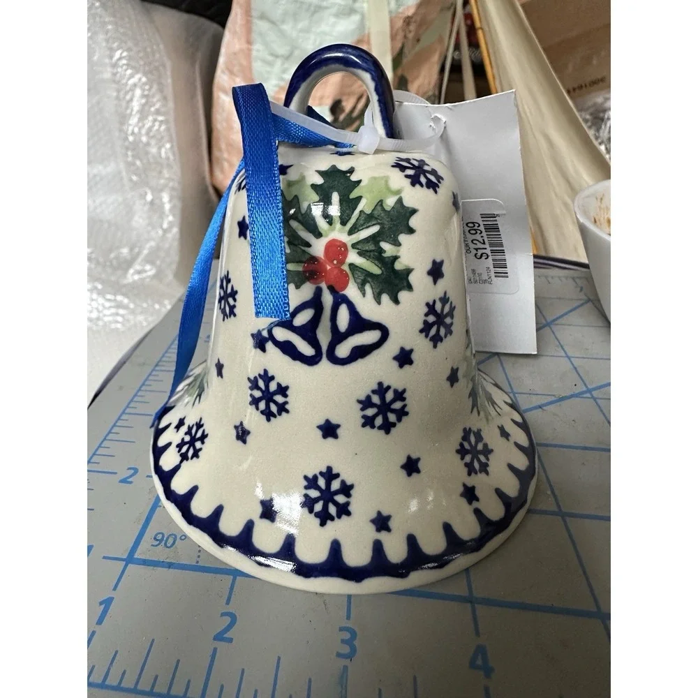 NWT Polish Pottery Working Ceramic Pottery Bell Christmas Ornament Poland Blue